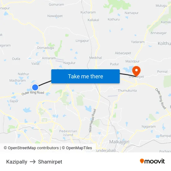 Kazipally to Shamirpet map
