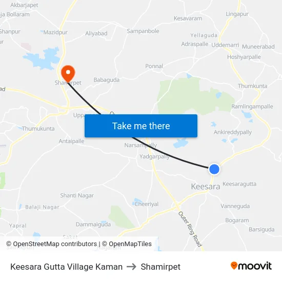 Keesara Gutta Village Kaman to Shamirpet map