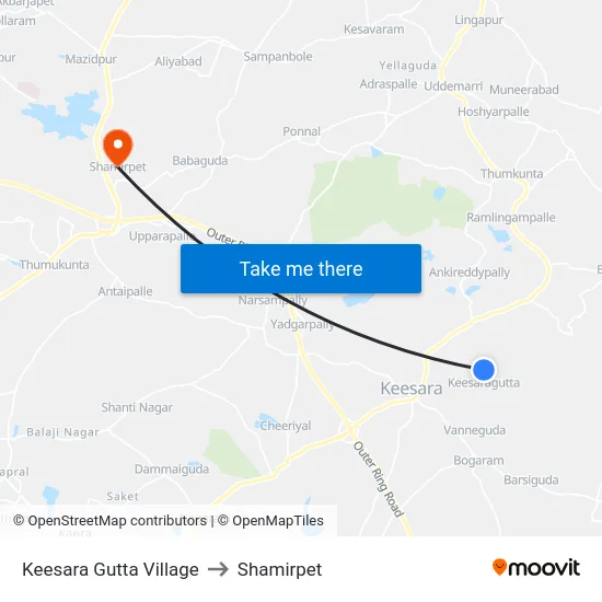 Keesara Gutta Village to Shamirpet map