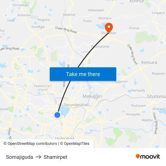 Somajiguda to Shamirpet map