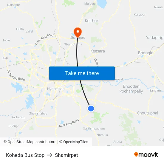 Koheda Bus Stop to Shamirpet map