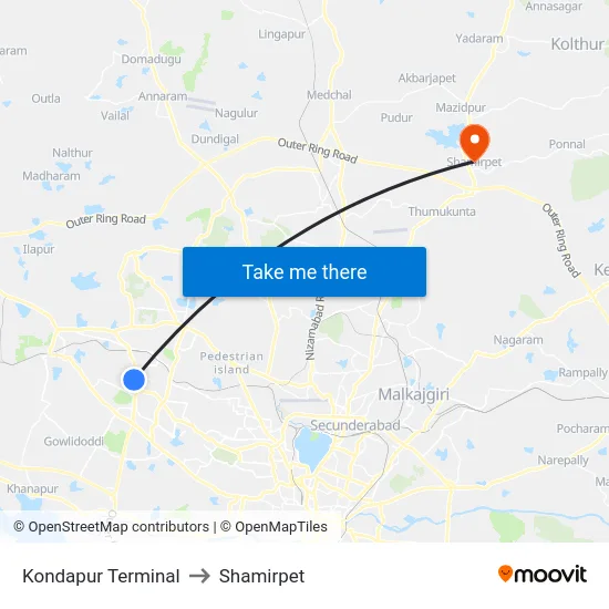 Kondapur Terminal to Shamirpet map