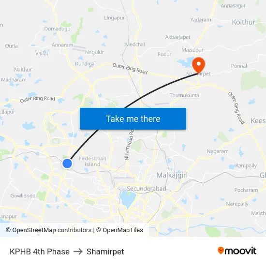 KPHB 4th Phase to Shamirpet map
