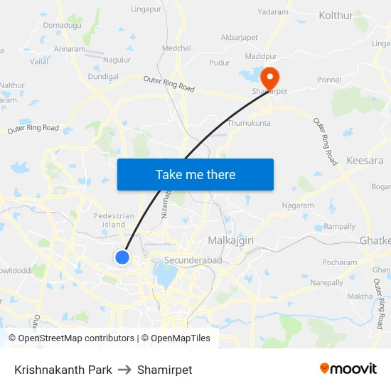 Krishnakanth Park to Shamirpet map