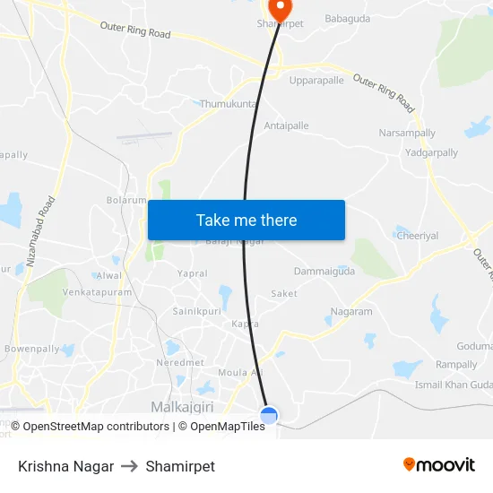 Krishna Nagar to Shamirpet map