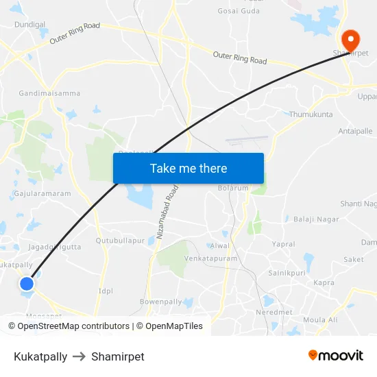 Kukatpally to Shamirpet map