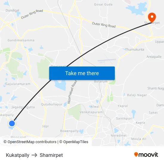 Kukatpally to Shamirpet map