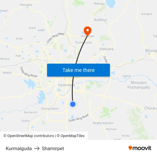 Kurmalguda to Shamirpet map