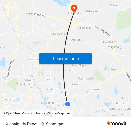 Kushaiguda Depot to Shamirpet map