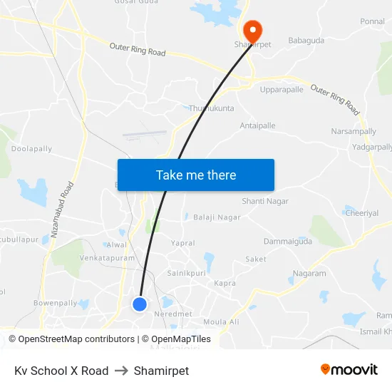 Kv School X Road to Shamirpet map