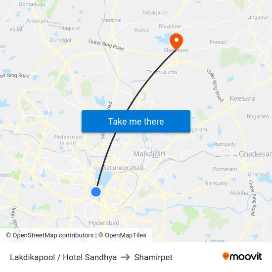 Lakdikapool / Hotel Sandhya to Shamirpet map