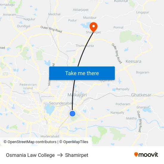 Osmania Law College to Shamirpet map