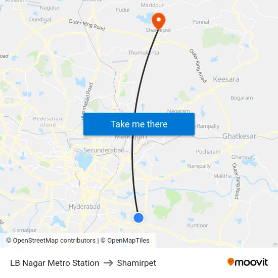LB Nagar Metro Station to Shamirpet map