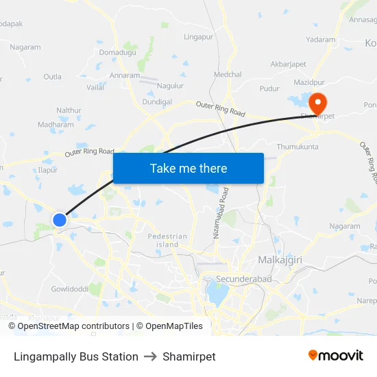 Lingampally Bus Station to Shamirpet map