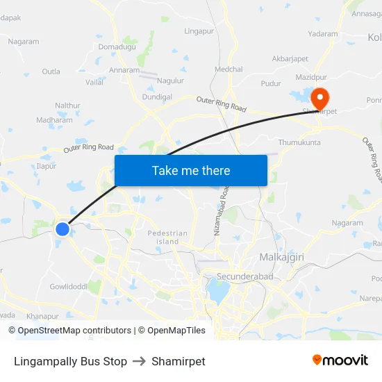 Lingampally Bus Stop to Shamirpet map