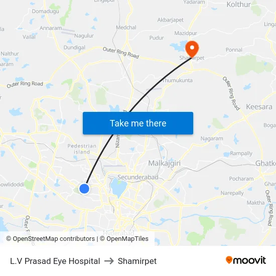 L.V Prasad Eye Hospital to Shamirpet map