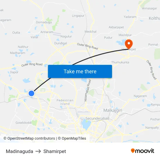 Madinaguda to Shamirpet map