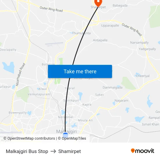 Malkajgiri Bus Stop to Shamirpet map
