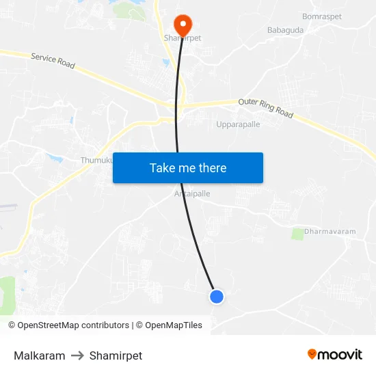 Malkaram to Shamirpet map