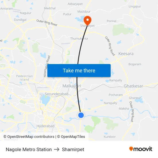 Nagole Metro Station to Shamirpet map