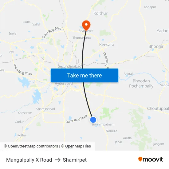 Mangalpally X Road to Shamirpet map