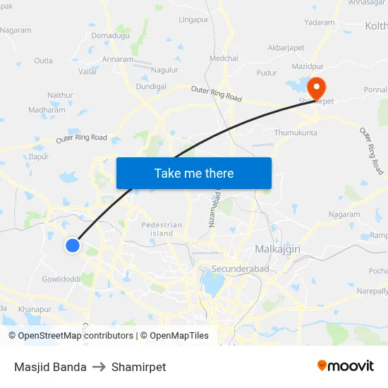 Masjid Banda to Shamirpet map