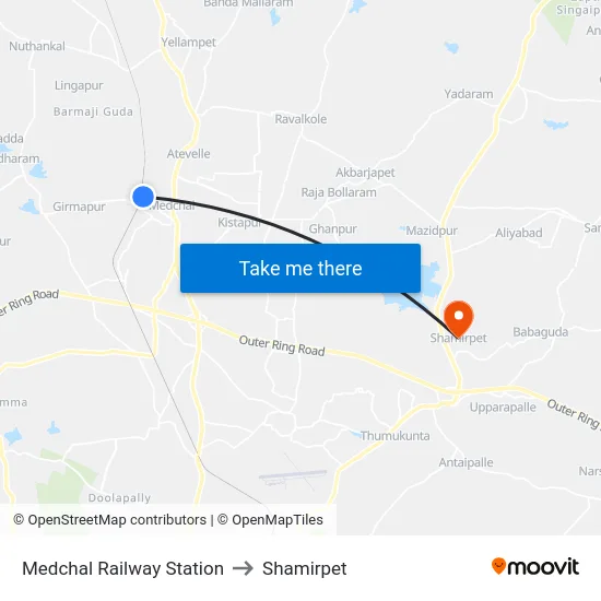 Medchal Railway Station to Shamirpet map