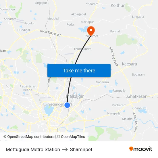 Mettuguda Metro Station to Shamirpet map