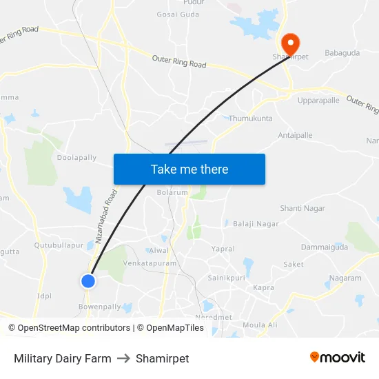 Military Dairy Farm to Shamirpet map
