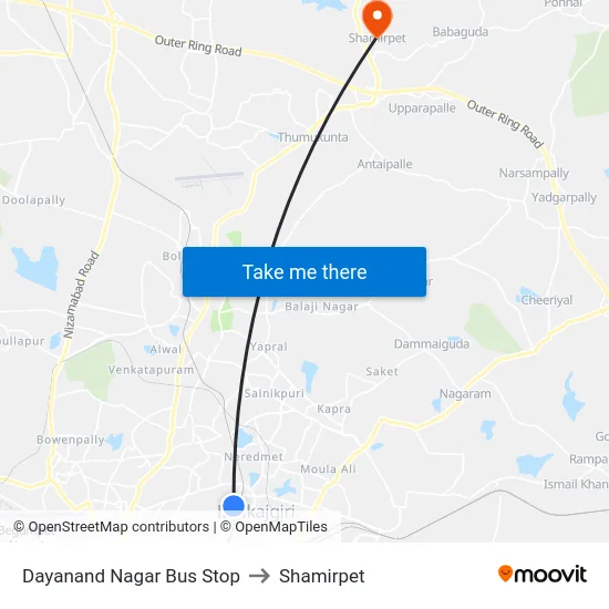 Dayanand Nagar Bus Stop to Shamirpet map