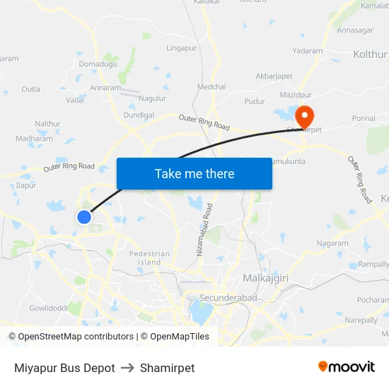 Miyapur Bus Depot to Shamirpet map