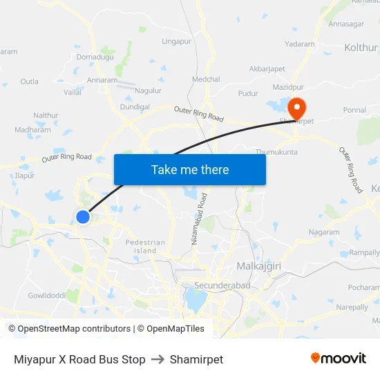 Miyapur X Road Bus Stop to Shamirpet map