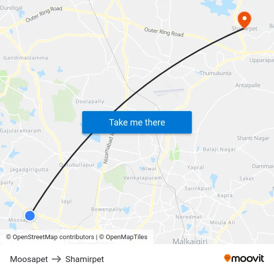 Moosapet to Shamirpet map