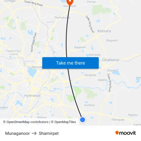 Munaganoor to Shamirpet map