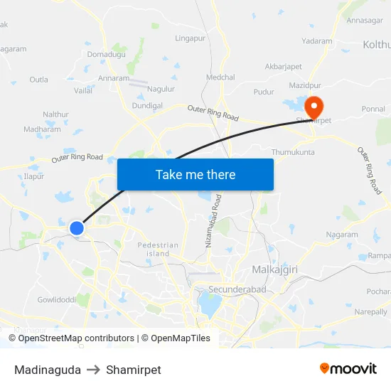 Madinaguda to Shamirpet map