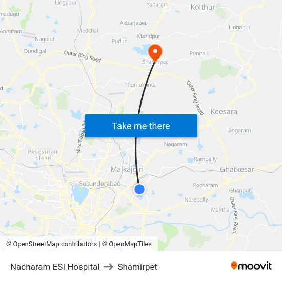 Nacharam ESI Hospital to Shamirpet map