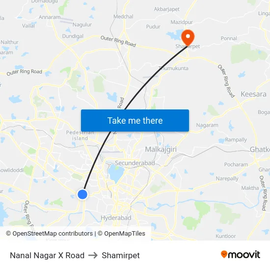Nanal Nagar X Road to Shamirpet map