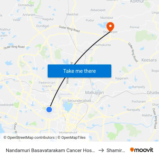 Nandamuri Basavatarakam Cancer Hospital to Shamirpet map