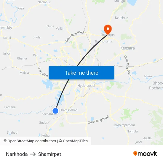 Narkhoda to Shamirpet map