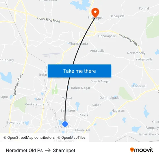 Neredmet Old Ps to Shamirpet map