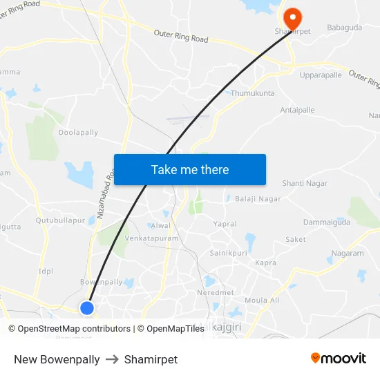 New Bowenpally to Shamirpet map