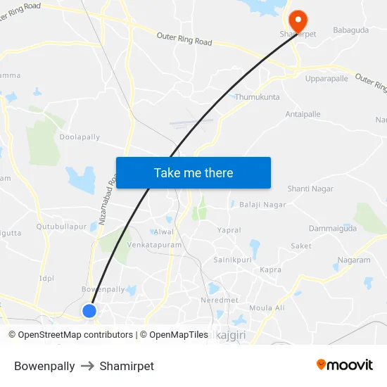 Bowenpally to Shamirpet map