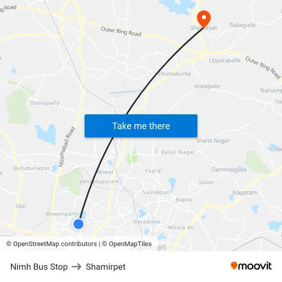 Nimh Bus Stop to Shamirpet map