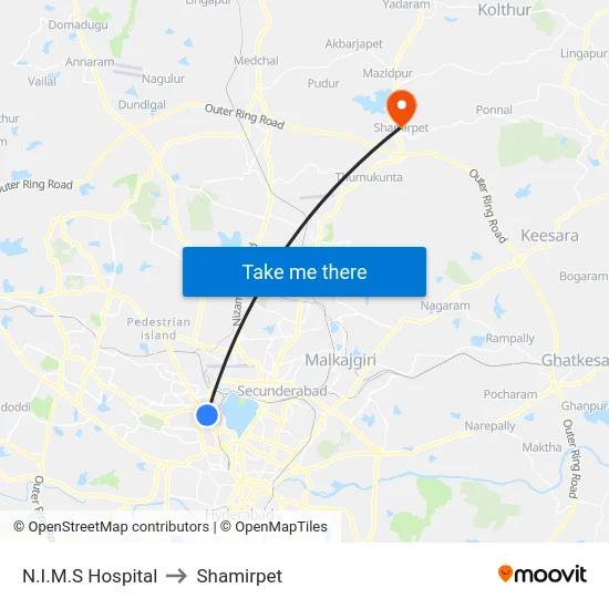 N.I.M.S Hospital to Shamirpet map