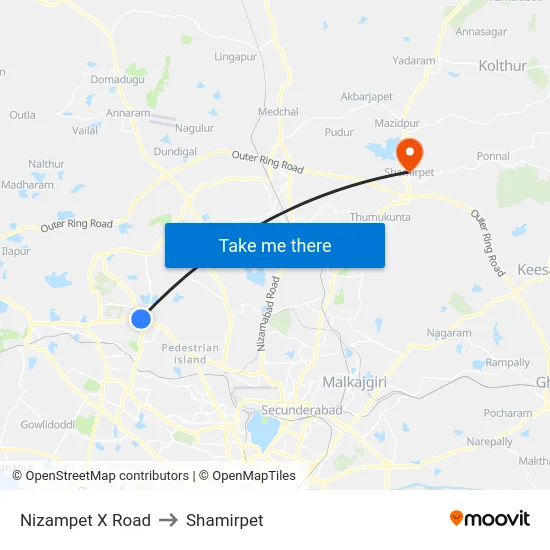 Nizampet X Road to Shamirpet map