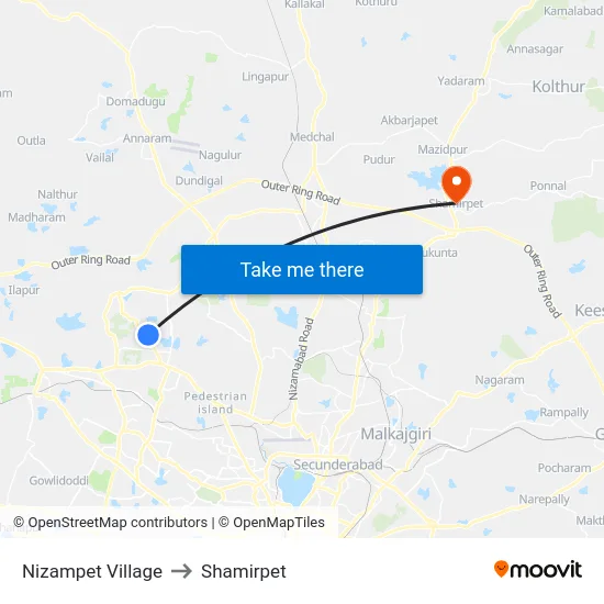 Nizampet Village to Shamirpet map