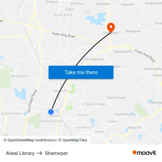 Alwal Library to Shamirpet map