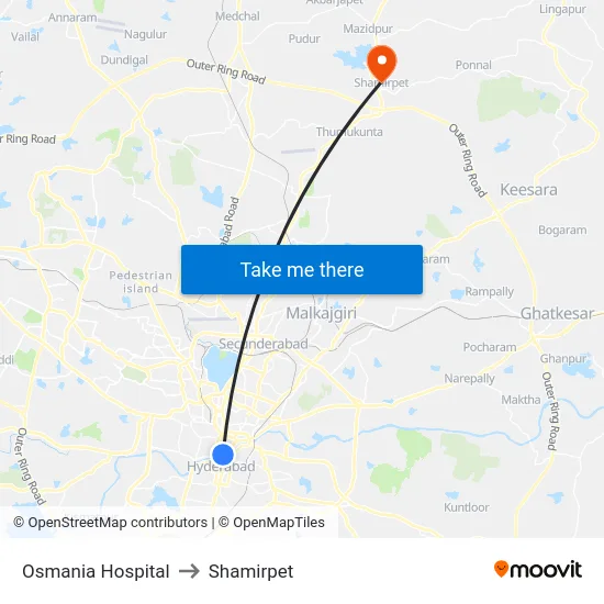 Osmania Hospital to Shamirpet map