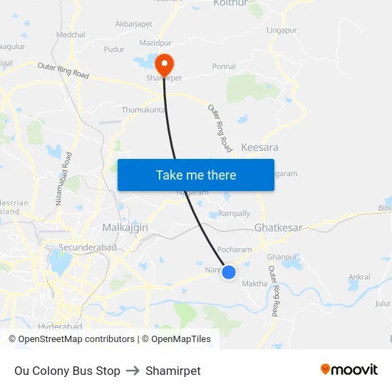 Ou Colony Bus Stop to Shamirpet map