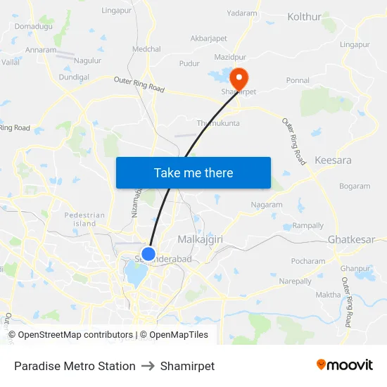 Paradise Metro Station to Shamirpet map